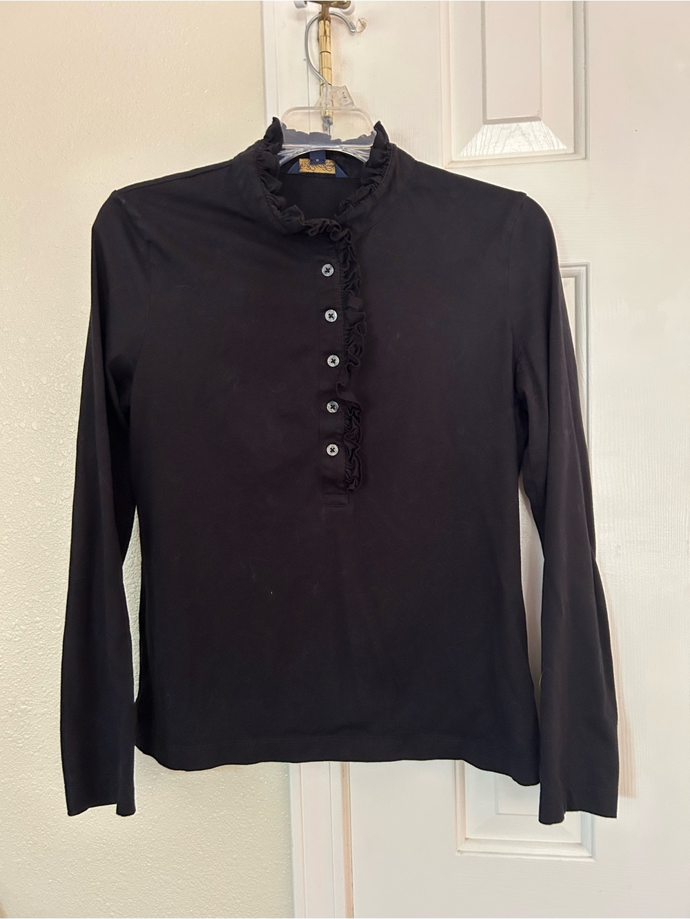 Brooks Brothers Black Long-Sleeve Ruffle Henley Top